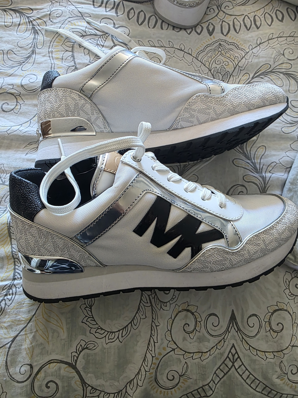 Michael Kors White and Silver Logo Wedge Sneakers